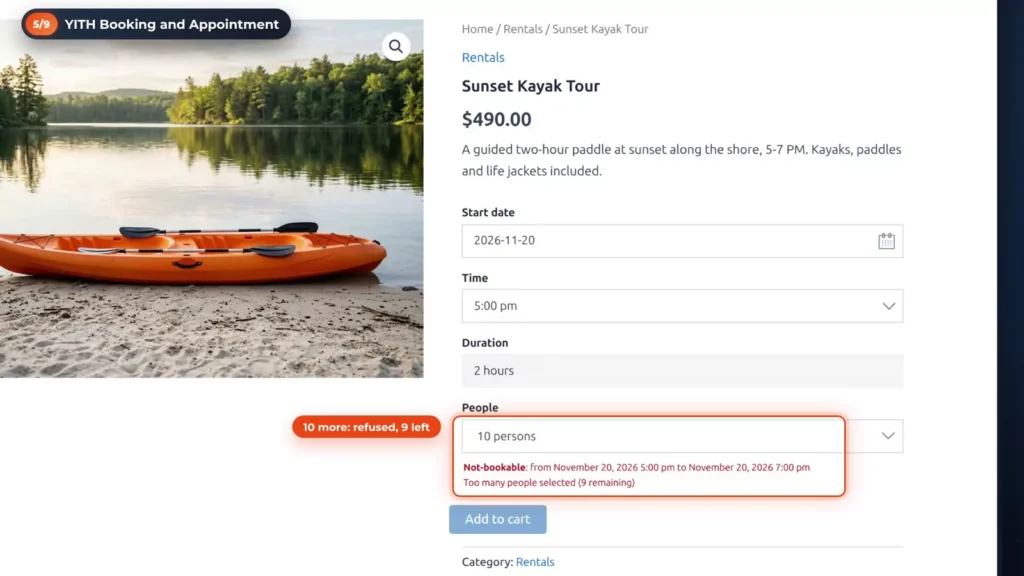 YITH sunset kayak tour at 5:00 pm with 10 persons selected and the message that too many people are selected, 9 remaining
