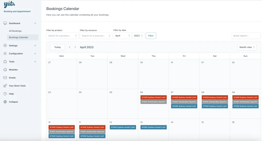 YITH Booking admin Bookings Calendar in month view, with filters by product, resource and date and colour-coded bookings
